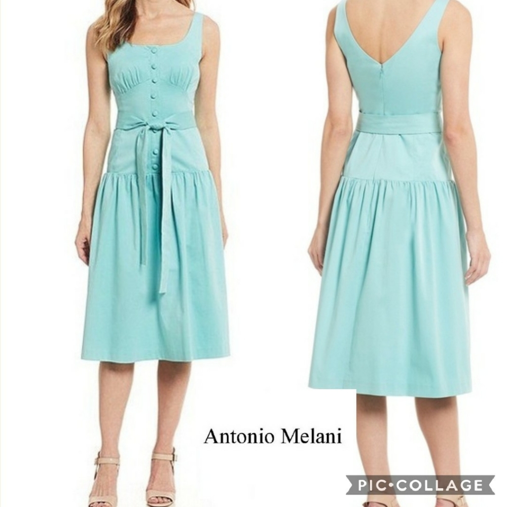 NWT Antonio Melani Elisa Midi Aqua Button Dress